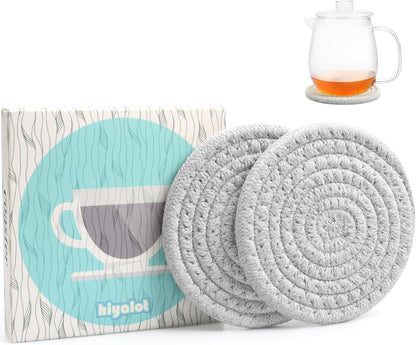 4.8" Drink Cotton Coasters Set of 2 – Boho Woven Drink Pads for Coffee & Tea, Neutral Sandstone Blend Fabric Cup Mats for Desk, Table, Nightstand, Dorm, Giftable Absorbent Coaster Set (Latte)