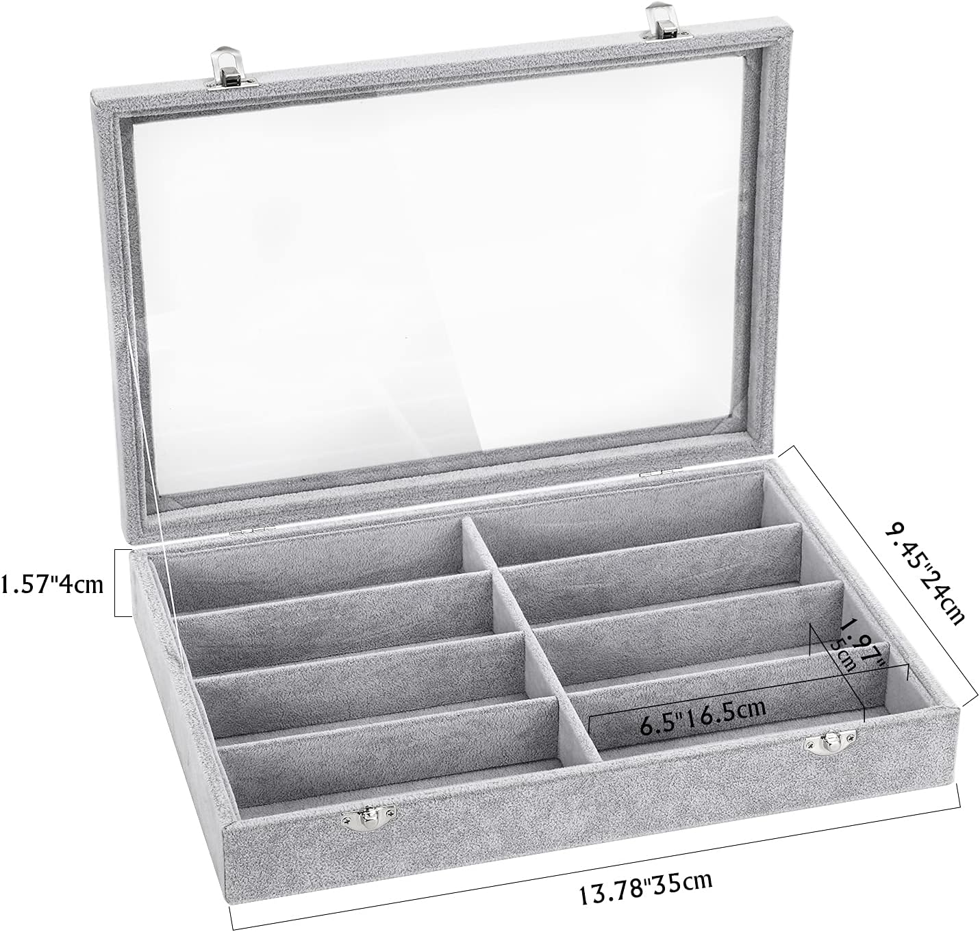 Emibele Glasses Organizer Jewelry Tray, 8 Grids with Clear Lid Velvet Tray Watch Storage Stackable Jewelry Showcase Display Storage with Detachable Inner Dividers, Beige