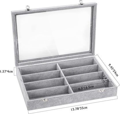 Emibele Glasses Organizer Jewelry Tray, 8 Grids with Clear Lid Velvet Tray Watch Storage Stackable Jewelry Showcase Display Storage with Detachable Inner Dividers, Beige