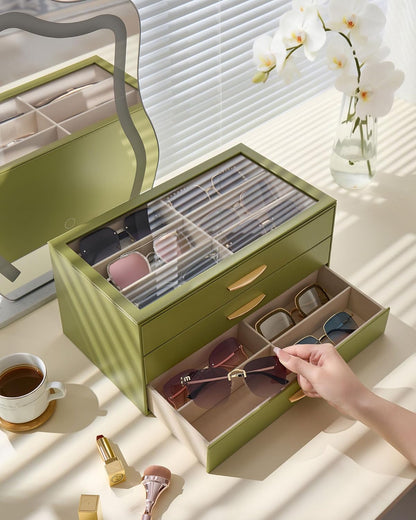 Lolalet Sunglasses Organizer for women, Multi Eyewear Storage Box with Drawer, Glasses Case Display Holder with Clear Top