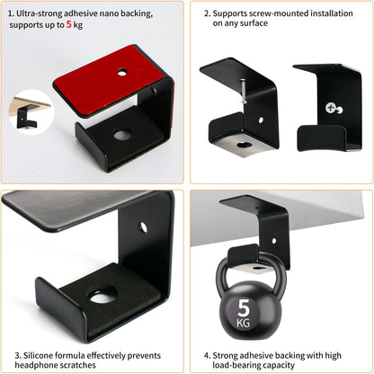 Strong Adhesive Headphone Holder Under Desk, Aluminum Headset Mount Hook with Rubber Pad - 2 Installation Styles for Gaming, Office, Classroom (1 Pack)
