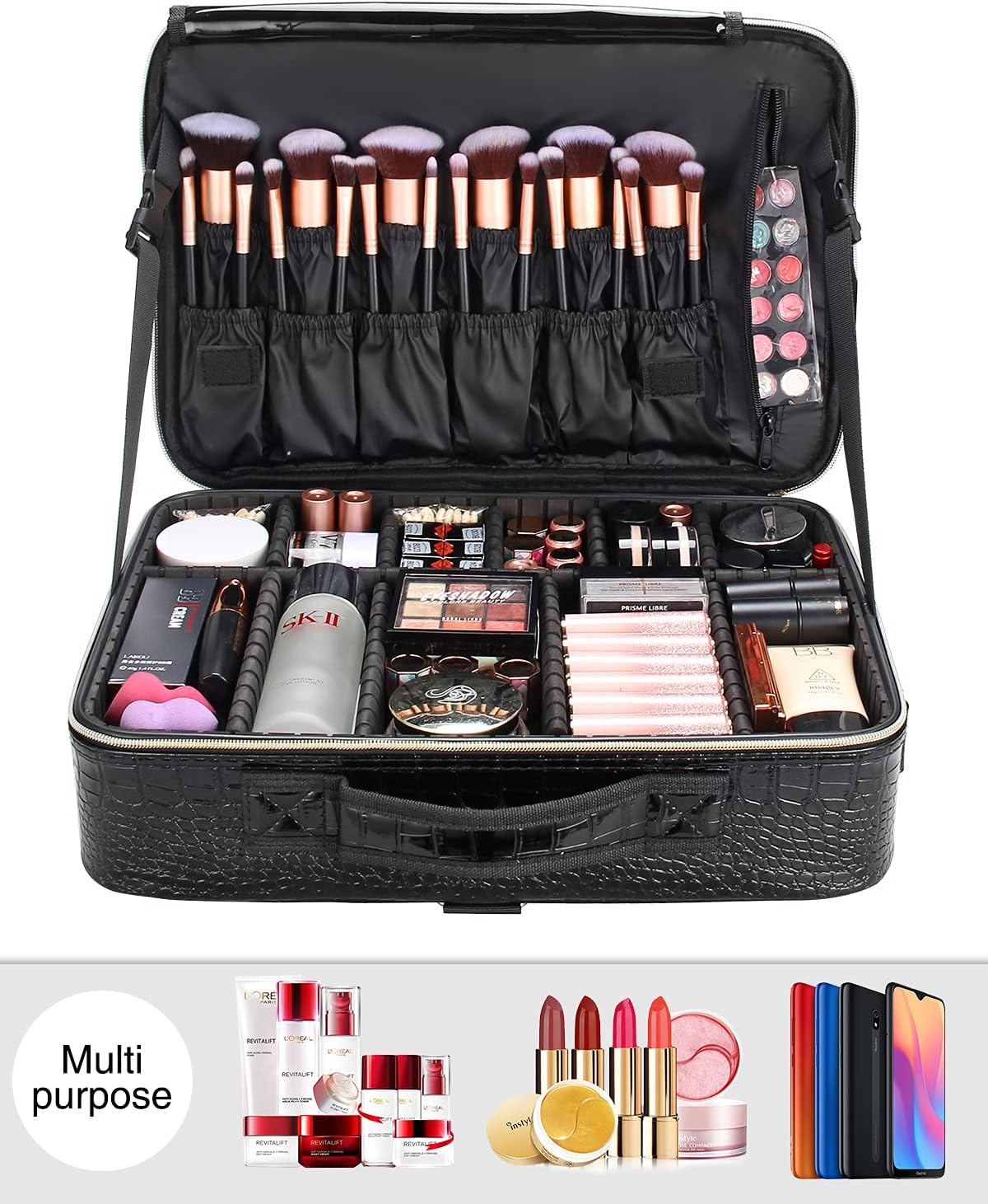 Relavel Makeup Case Large Makeup Bag Professional Train Case 16.5 inches Travel Cosmetic Organizer Brush Holder Waterproof Makeup Artist Storage Box, 3 Layer Large Capacity, with Adjustable Strap