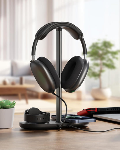 HiWe 4-in-1 RGB Gaming Headphone Stand with Dual Controller Holder, Wireless Charger for iPhone/Apple Watch, USB-A & USB-C Outputs, Adapter Included, Black