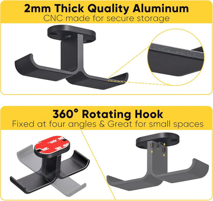 Under Desk Headphone Hanger with Strong Adhesive and Screws Mount, 360° Rotatable Dual Headset Holder Stand, Aluminum Metal Adjustable Headphone Hook, Perfect for Home Gaming & Office - Black