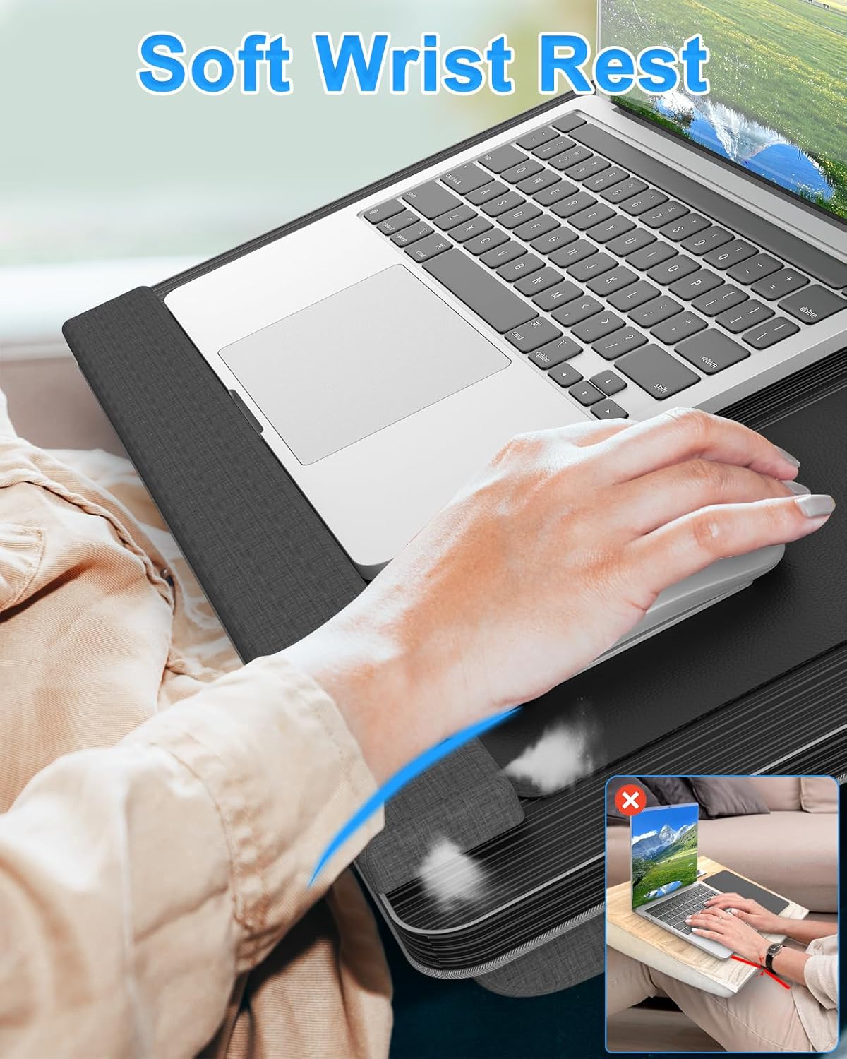 HETTHI Laptop Lap Desk, Portable Large Laptop Desk for Bed, Up to 17 Inch Lap Pad Tray with Wrist Rest, Mouse Pad, Tablet Phone Slot, Portable Handle, Cushion (Black)