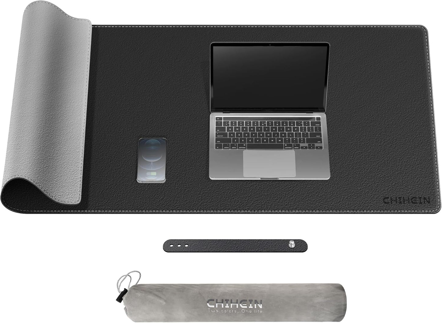 Chihein 2XL 35" x 16" Cork & PU Leather Desk Mat, Dual Sided Desk Pad Protector, Waterproof Writing Blotter for Gaming, Office, Home (Black)