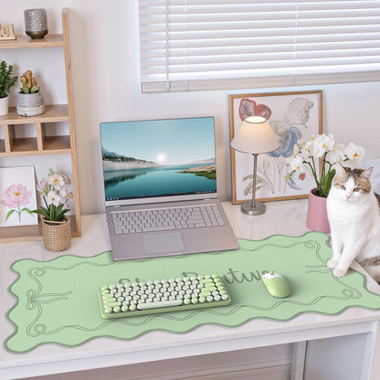 iCasso Pink Leather Desk Mat,Extra Large Scalloped Mouse Pad for Desktop,Waterproof PU Nail Table Mat,Cute Keyboard Mats for Women Girl,Non-Slip Desk Cover Mat for Office Home Dorm