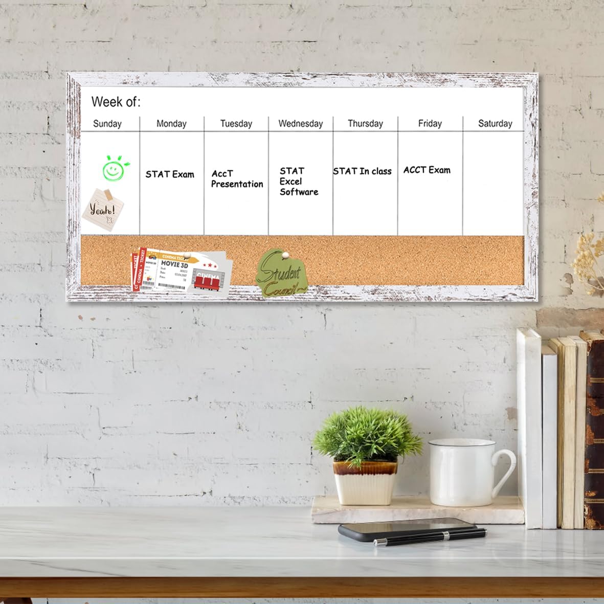 Magnetic Weekly Dry Erase White Board and Cork Board, Black Wood Frame，Magnetic Surface Whiteboard for Home Office and Wall Decor(ZHZL-2040BK)