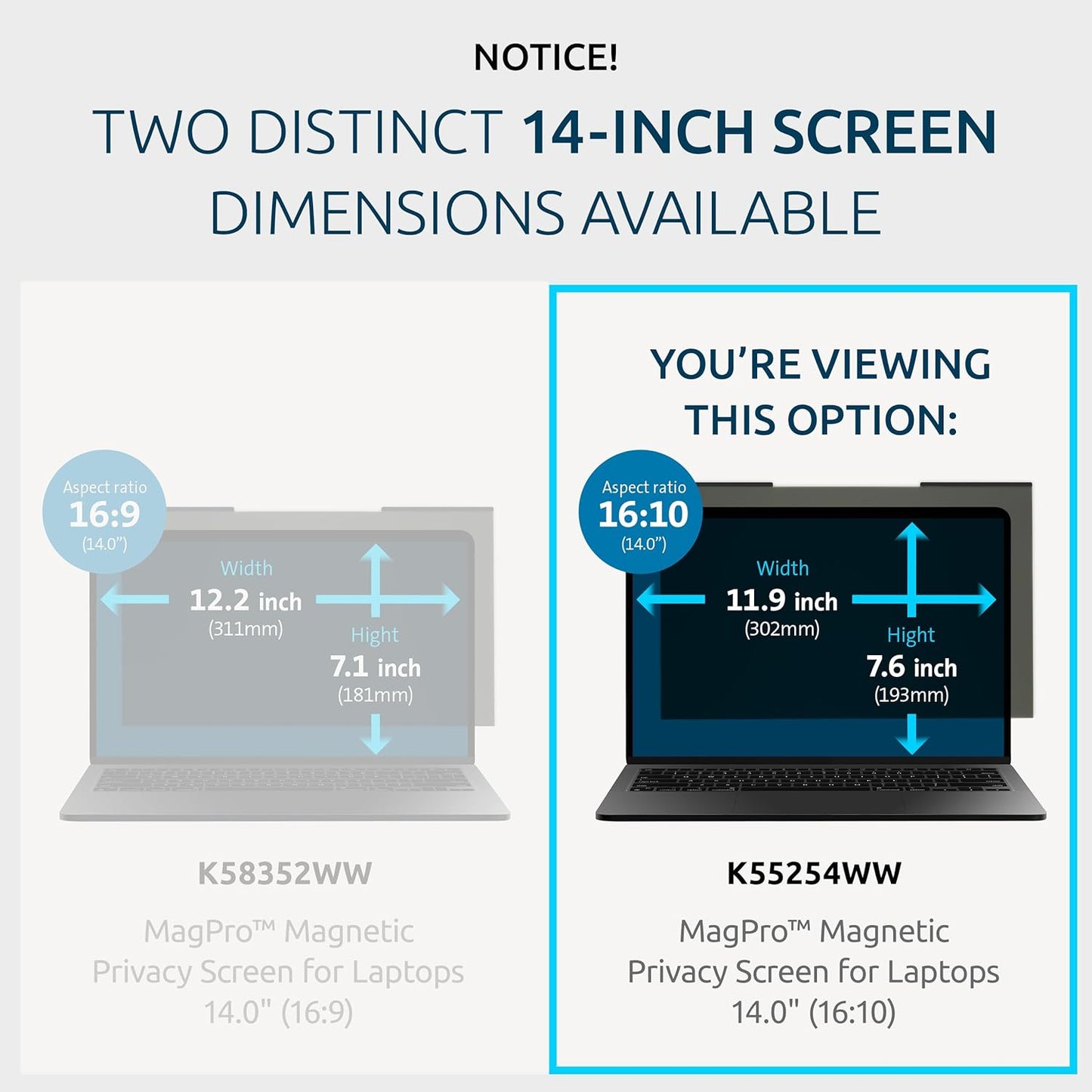 Kensington MagPro™ Magnetic Laptop Privacy Screen 14 inch, Removable 16:9 Laptop Privacy Filter, Anti-Glare, Blue Ray Reduction, Dell Latitude 5420, HP Elitebook 840 G6-G8, Lenovo, Asus (K58352WW)