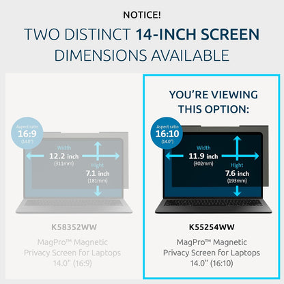 Kensington MagPro™ Magnetic Laptop Privacy Screen 14 inch, Removable 16:9 Laptop Privacy Filter, Anti-Glare, Blue Ray Reduction, Dell Latitude 5420, HP Elitebook 840 G6-G8, Lenovo, Asus (K58352WW)