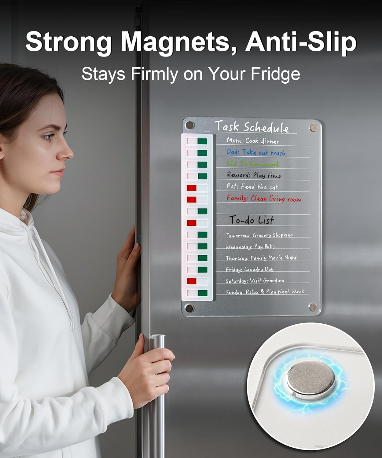 Magnetic Acrylic Dry Erase Board for Fridge, to Do List White Board with Sliding Buttons, 12"X8.2" Clear Chore Chart for Adults, Reusable Refrigerator Whiteboard Includes 5 Markers (White Line)