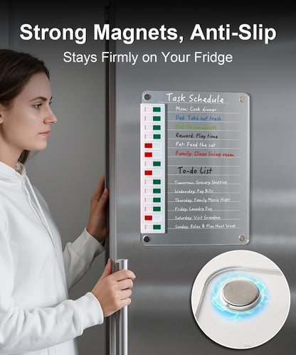 Magnetic Acrylic Dry Erase Board for Fridge, to Do List White Board with Sliding Buttons, 12"X8.2" Clear Chore Chart for Adults, Reusable Refrigerator Whiteboard Includes 5 Markers (White Line)