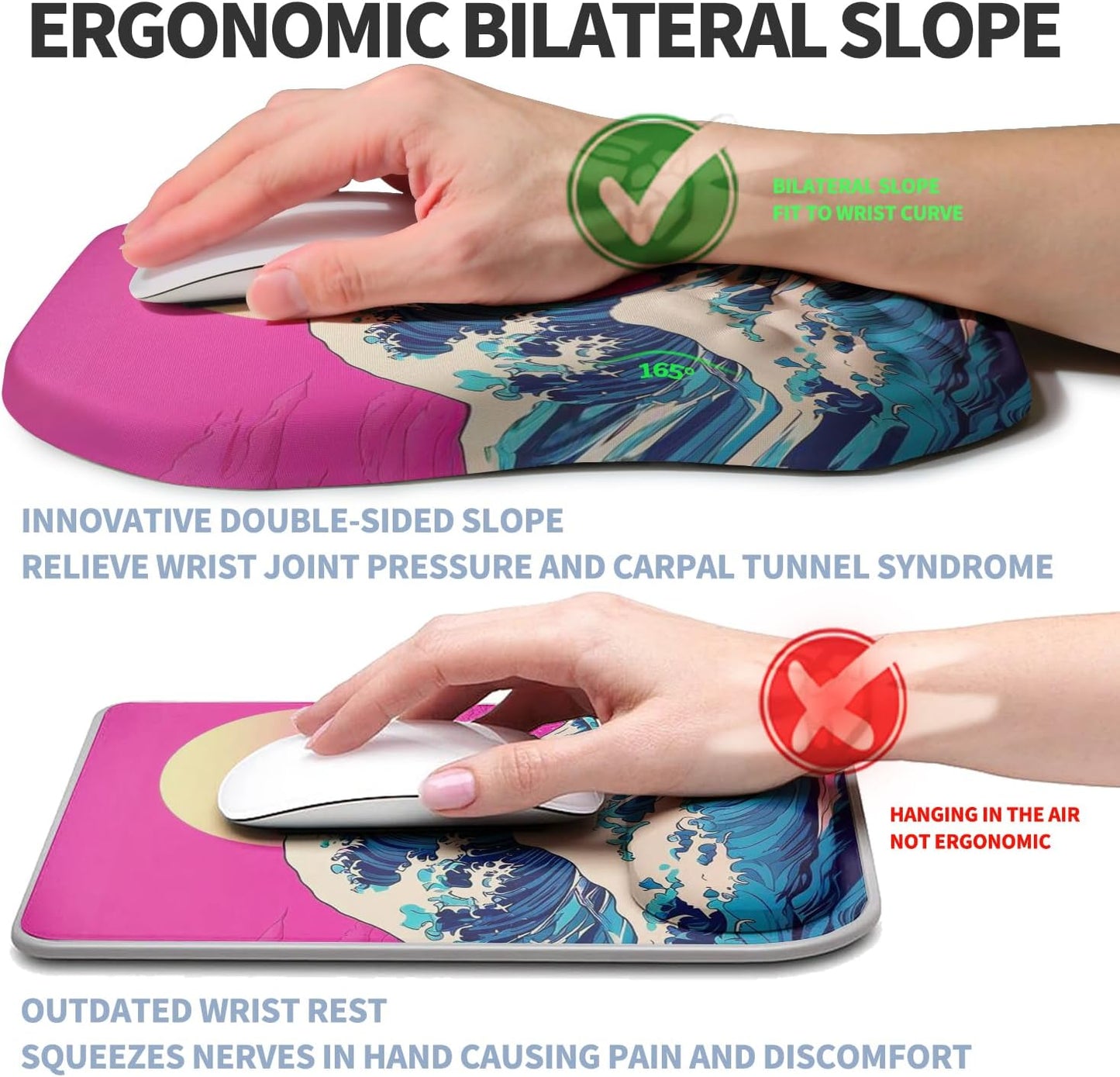 Ergonomic Raised Mouse Pad Wrist Support with Bilateral Slope Memory Foam Mousepad for Wrist Rest and Carpal Tunnel Pain Relief 11.8x7.9〃 Black