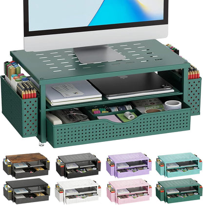 gianotter Monitor Stand Riser, Office Desk Shelf Organizer, Desk Organizer with Drawer and Pen Holder, 2-Tier Computer Stand, Office Organization (Ink)