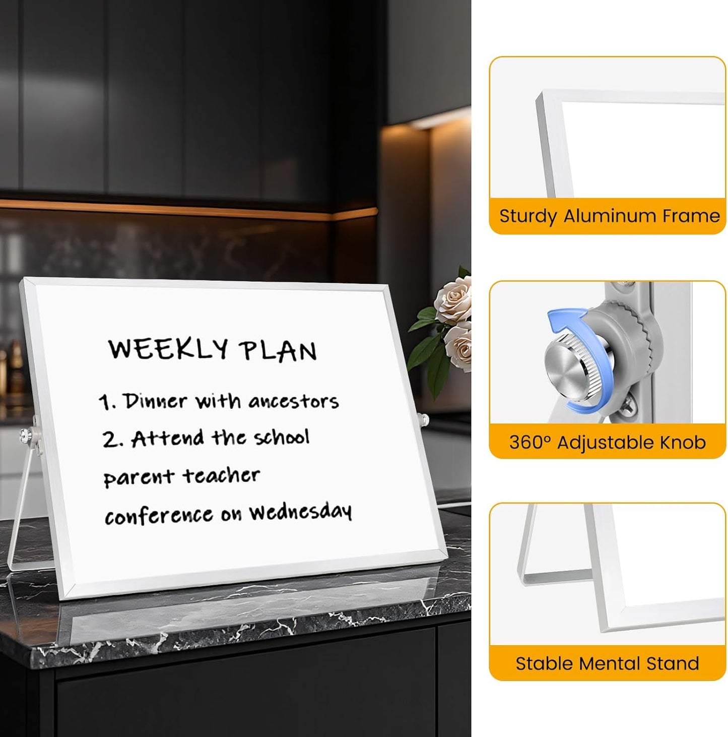 Desktop Whiteboard with Stand, 16" x 12" Double-Sided Dry Erase Board with Stand, Portable Stand White Board for Office, Home, School