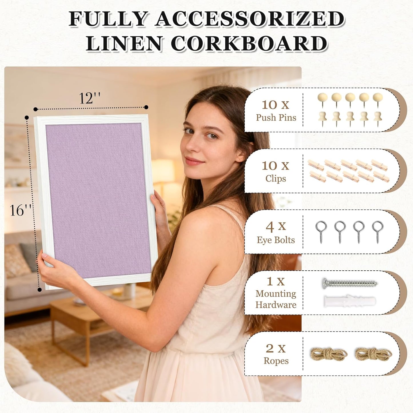 DOLLAR BOSS Bulletin Boards with Linen 1-Pack 16''X 12'' Double-Sided Cork Board for Walls Wood Framed Bulletin Boards, Small Pin Board for Home Kitchen Office Decorative Hanging 10 Pushpins