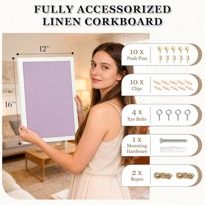 DOLLAR BOSS Bulletin Boards with Linen 1-Pack 16''X 12'' Double-Sided Cork Board for Walls Wood Framed Bulletin Boards, Small Pin Board for Home Kitchen Office Decorative Hanging 10 Pushpins