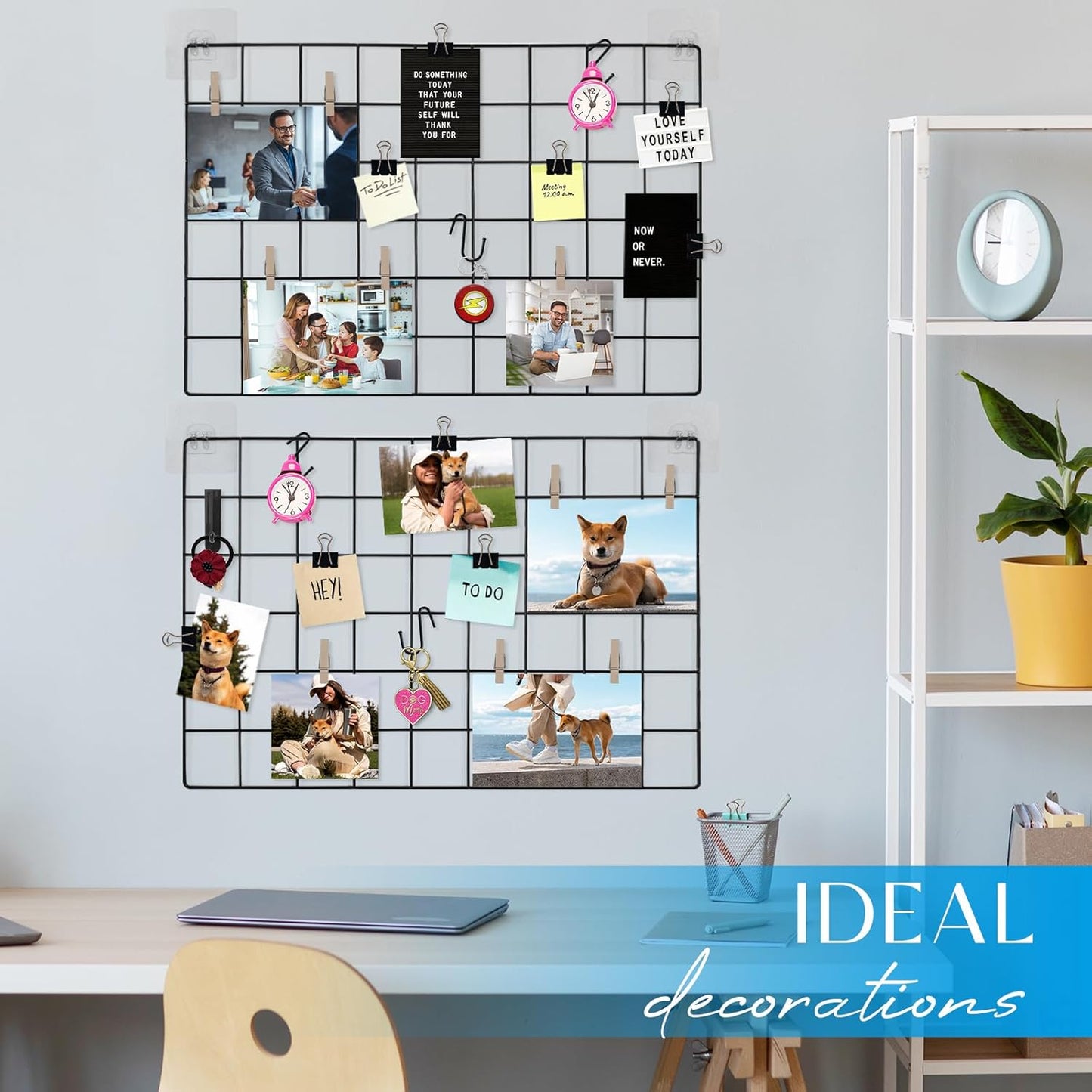 CIKLCIX Metal Grid Wall Panel, Wire Grid Photo Display Organizer, 17.3"×11.8" Gold Wire Board Grid Wall, Grid Picture Frame, 2-Pack Wire Mesh Memo Board With Clips and Hooks
