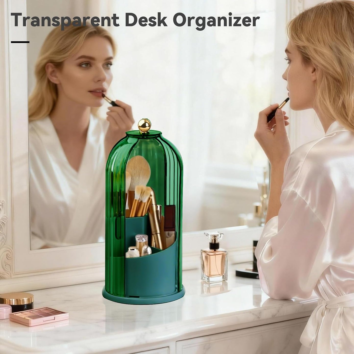 Hvygss 360° Rotating Makeup Brush Holder with Lid, Waterproof Three-Compartment Makeup Organizer, 180° Side-Pull Door Desk Organizer, Dustproof Brush Holder for Vanity and Bathroom (Transparent)
