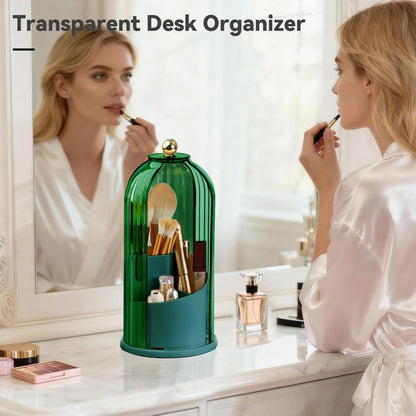 Hvygss 360° Rotating Makeup Brush Holder with Lid, Waterproof Three-Compartment Makeup Organizer, 180° Side-Pull Door Desk Organizer, Dustproof Brush Holder for Vanity and Bathroom (Transparent)