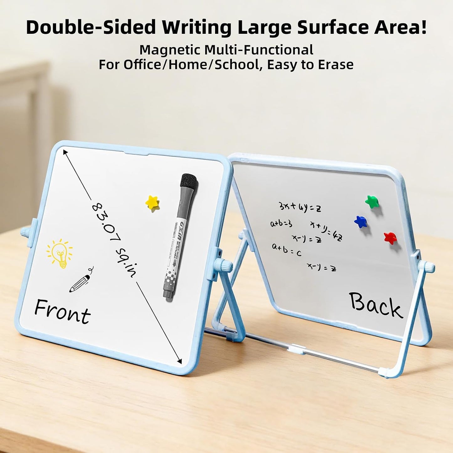 Colorful Dry Erase White Board 8.3x11in, Magnetic Desktop Board with Stand, 2 Markers (Eraser Head), 4 Magnets - Double-Sided Easel for Daily Planning, Memo, Office/Home/School (Blue)