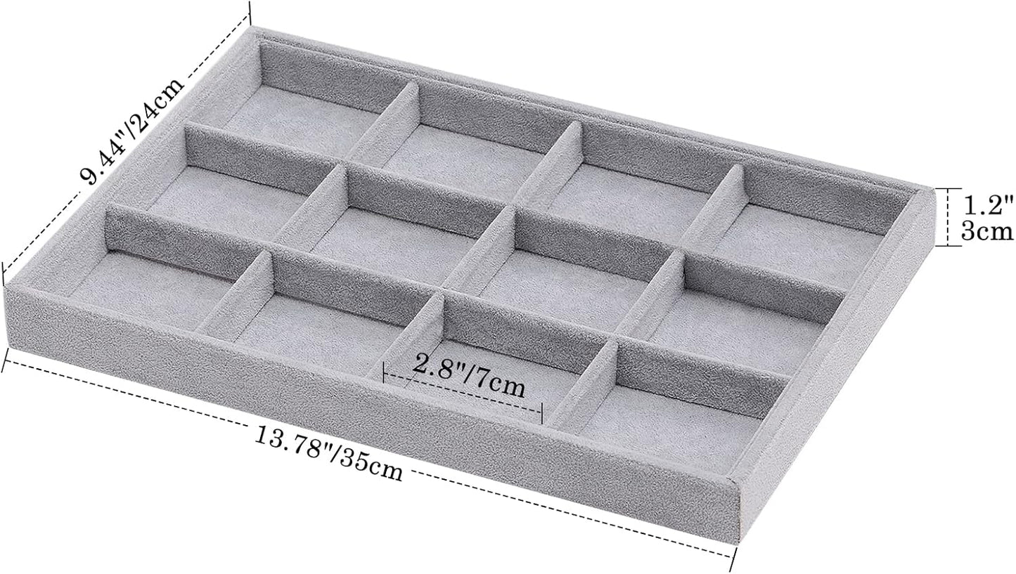 Emibele Glasses Organizer Jewelry Tray, 8 Grids with Clear Lid Velvet Tray Watch Storage Stackable Jewelry Showcase Display Storage with Detachable Inner Dividers, Beige