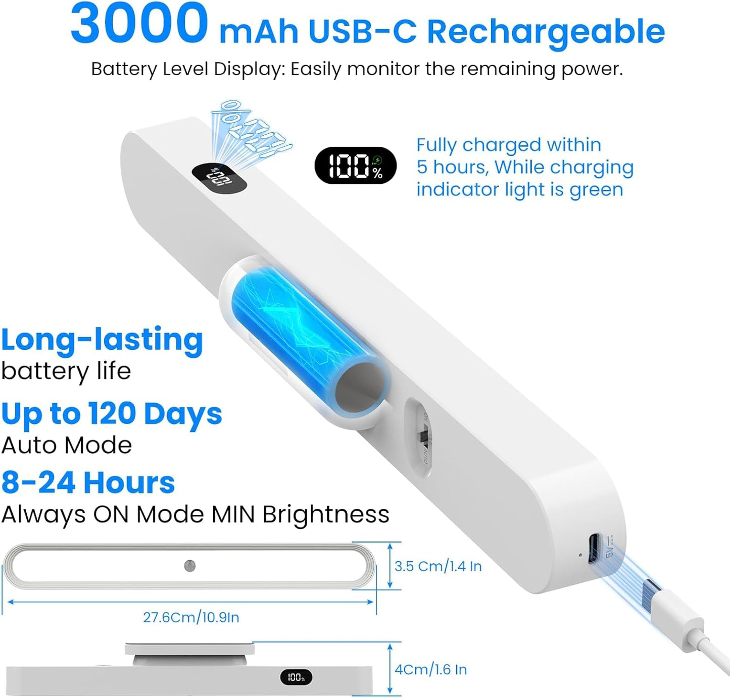 Motion Sensor Light Indoor with Battery Display,3000mAh Rechargeable Under Cabinet Lighting Magnetic Light Bar 300LM Battery Operated Closet Light Makeup Lights Stick On (White-A, Touch Control)