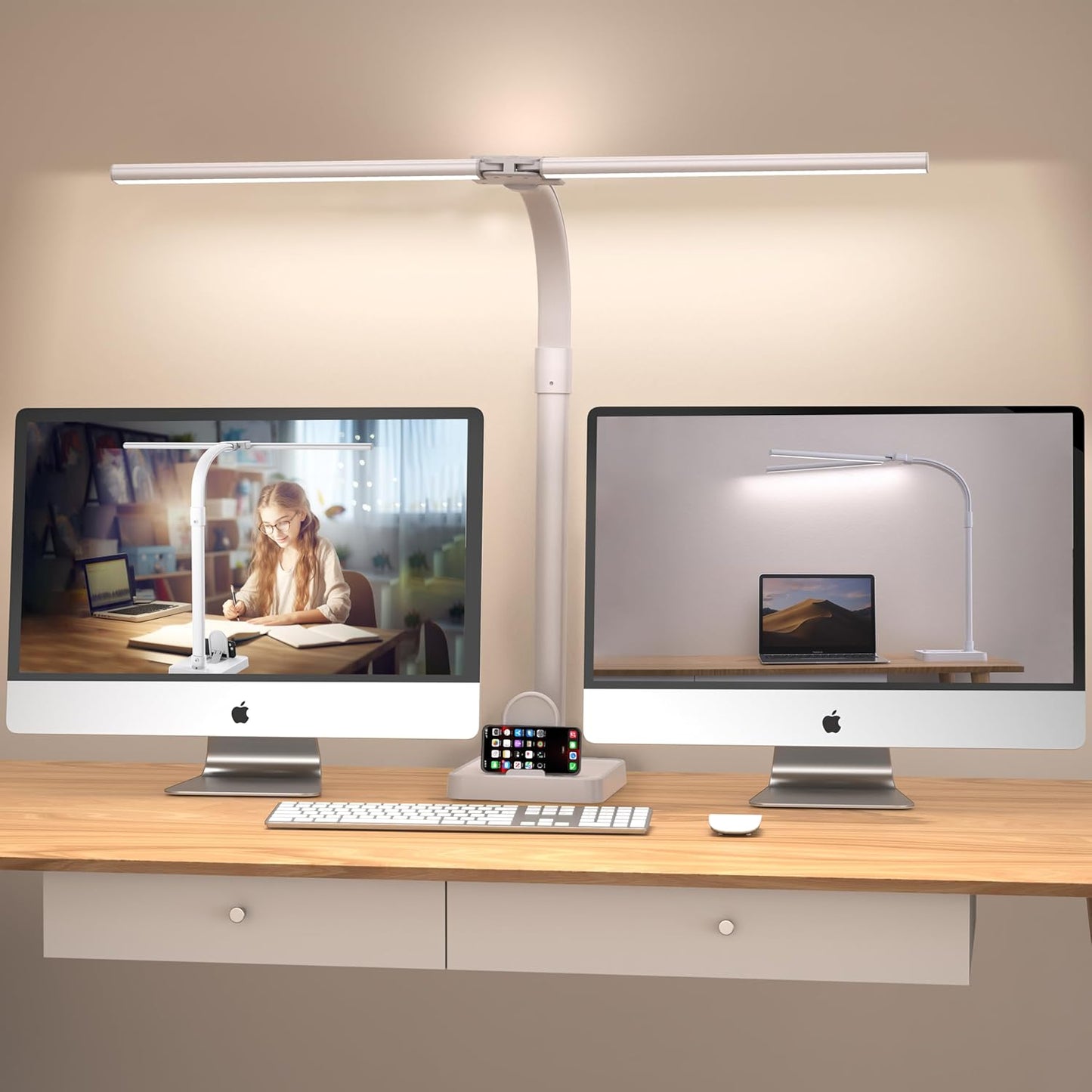 Double Head LED Desk Lamp, Architect Desk Lamps for Home Office, 24W Brightest Workbench Office Lighting-5 Color Modes and 5 Dimmable Eye Protection Modern Desk Lamp (Black-Desktop, Big)