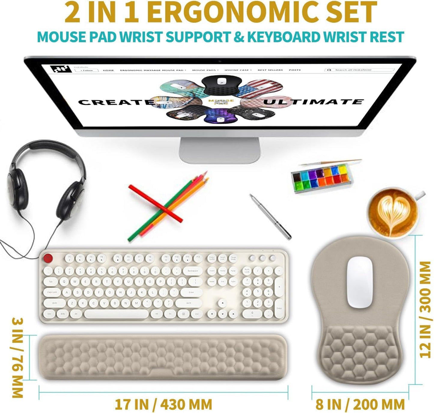 Hokafenle 2 in 1 Ergonomic Mouse Pad Wrist Support & Wrist Rest for Computer Keyboard Set, with Relieve Carpal Tunnel Pain Massage Bulge and Full Memory Gel Design (2In1 Set, Black)