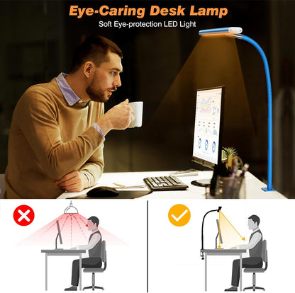 Airlonv LED Desk Lamp for Office Home, Eye-Caring Desk Light with Stepless Dimming Adjustable Flexible Gooseneck, 10W USB Adapter Desk Lamp with Clamp for Reading, Study, Workbench (Black)