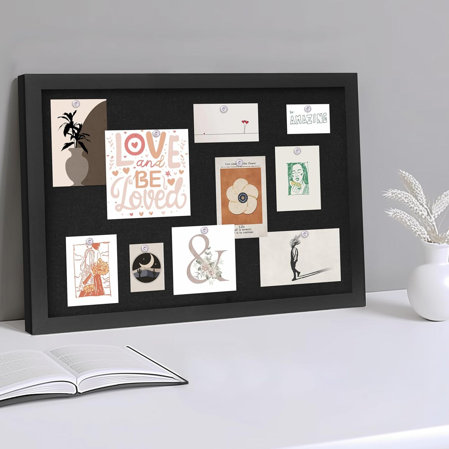 DAHAPYBOO Cork Board with Linen White,Bulletin Board 17"x12" Hanging Corkboards for Office Home School Message Board or Vision Board Decoration.