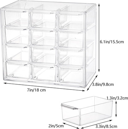 YOUEON 2 Pack Mini Desk Organizer with 12 Removable Drawers, Clear Plastic Desktop Drawer Organizer, Desk Craft Storage Box for DIY Crafts, Art Supply, Office, Cosmetic, Jewelry