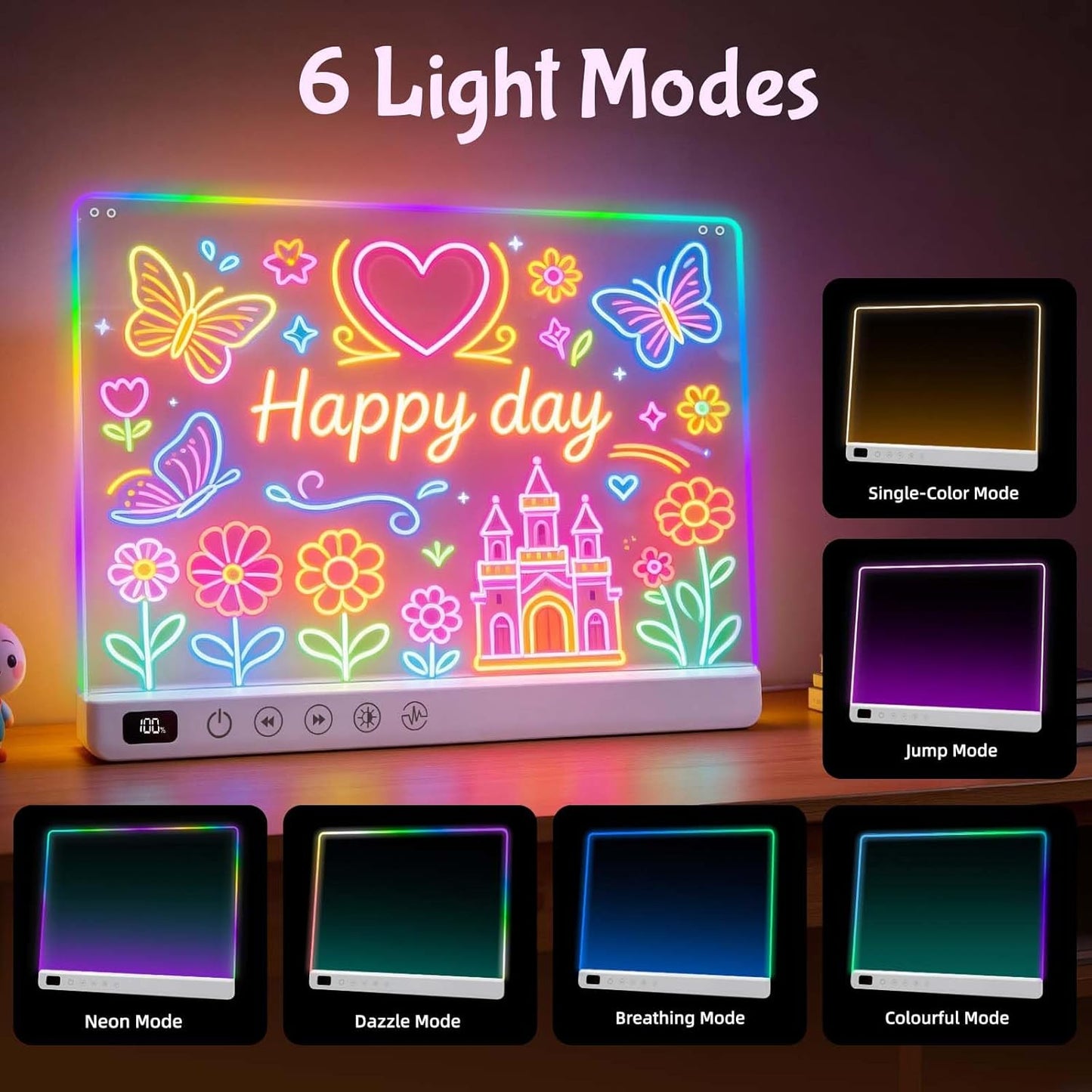 16" Rechargeable LED Drawing Board for Kids, Doodle LED Note Board with Colors, Neon Light Up Drawing Board with Markers&Tracing Paper, Creative Easter Birthday Christmas Gift Ideas
