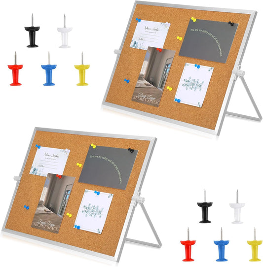 2 Pcs 11.81"×15.74" Cork Bulletin Board, Double Sided Pin with Silver Aluminum Border, Small Desktop Cork Board with Stand for Home, Office, School, Desk Message or Picture