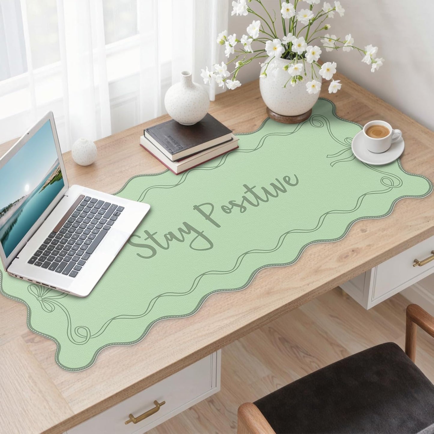 iCasso Pink Leather Desk Mat,Extra Large Scalloped Mouse Pad for Desktop,Waterproof PU Nail Table Mat,Cute Keyboard Mats for Women Girl,Non-Slip Desk Cover Mat for Office Home Dorm
