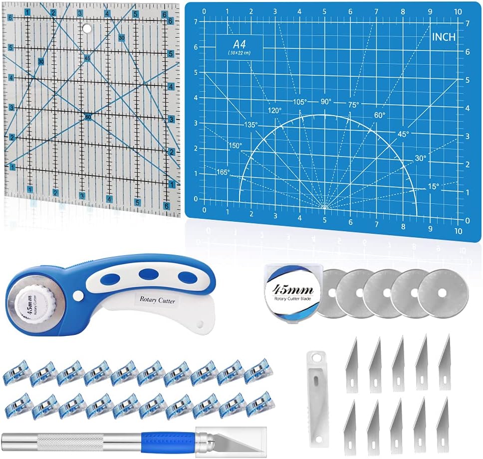 Headley Tools Rotary Cutter Set - 45mm Fabric Cutter, 5 Extra Rotary Blades, A3 Cutting Mat, Quilting Ruler and Sewing Clips, Craft Knife Set, Ideal for Crafting, Sewing, Patchworking, Purple