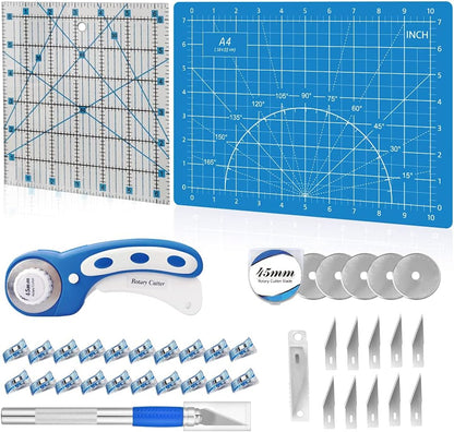 Headley Tools Rotary Cutter Set - 45mm Fabric Cutter, 5 Extra Rotary Blades, A3 Cutting Mat, Quilting Ruler and Sewing Clips, Craft Knife Set, Ideal for Crafting, Sewing, Patchworking, Purple