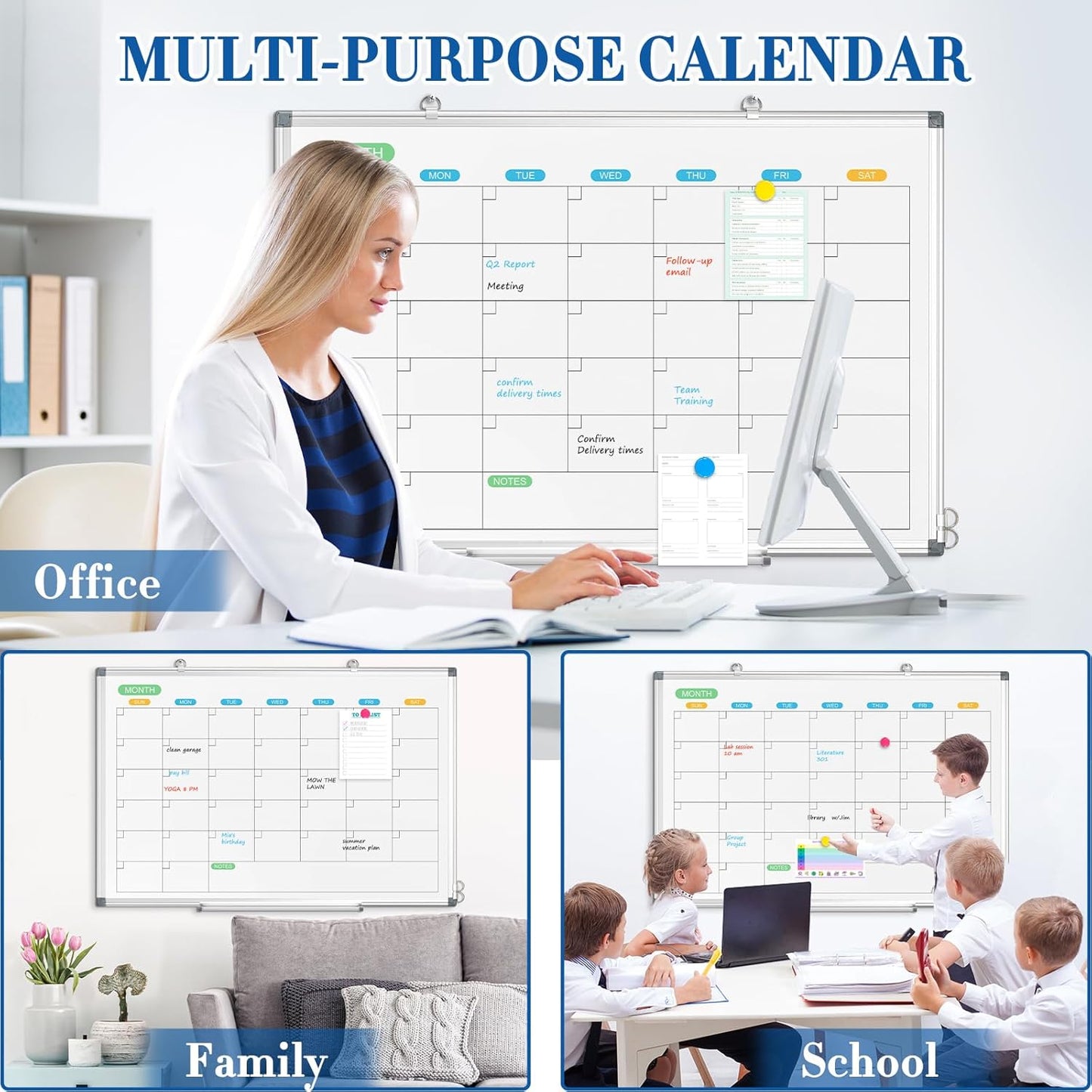 WALGLASS Weekly Dry Erase Calendar Whiteboard for Wall, 24" x 18" Double-Sided Weekly Planner White Board with Notes, Daily Tracker, Aluminum Framed Hanging & Wall Mount for Home, Office, School