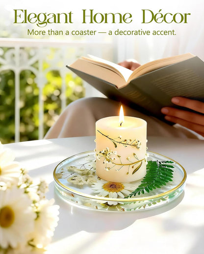 Oqplog Resin Drink Coaster for Desk Coffee Table-White Cute Dried Flowers Cup Coaster for Work Office Home Outdoor Decor Gifts for Girls Women,1 Pcs