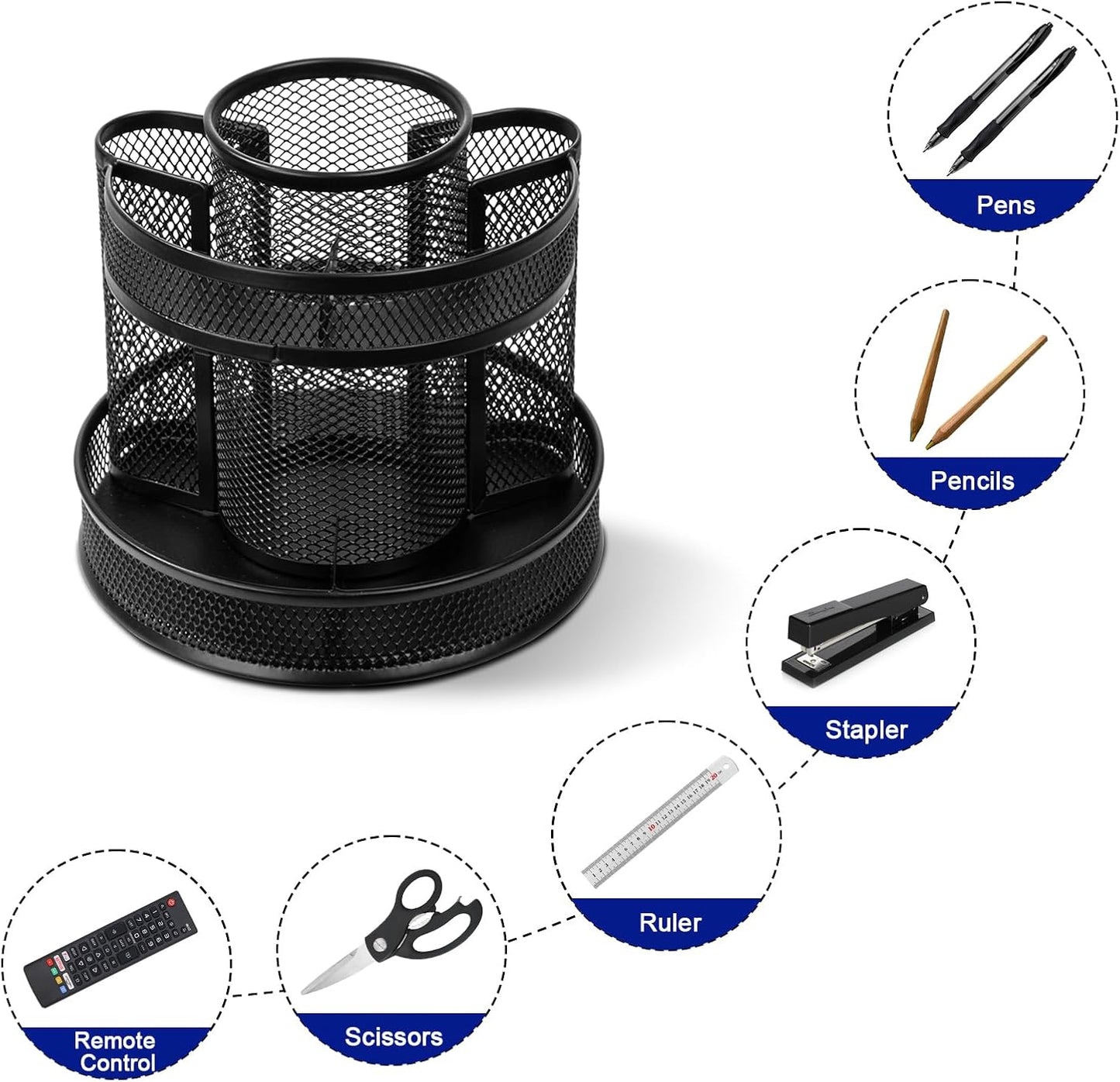 Comix 360° Rotating Pen Holder for Desk, 5 Compartments Office Desk Organizer, Black Mesh Metal Pencil Holder Cup for Office Home School