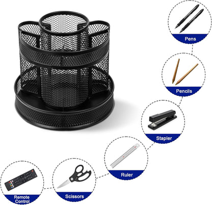 Comix 360° Rotating Pen Holder for Desk, 5 Compartments Office Desk Organizer, Black Mesh Metal Pencil Holder Cup for Office Home School