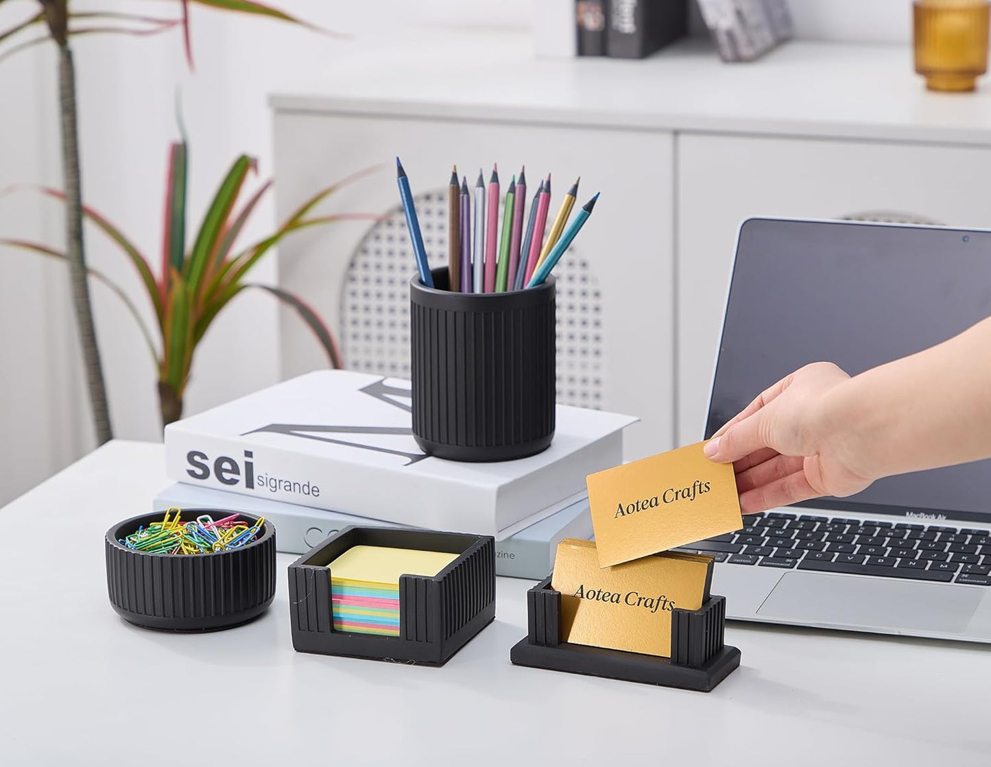 Concrete Modern Industrial Sticky Note Holder for Desk - 3.6 x 3.6 Inch Aesthetic Post it Note Holder Dispenser - Fluted Minimalist Self Stick Note Pad Holder - Cement Sticky Note Dispenser -Black