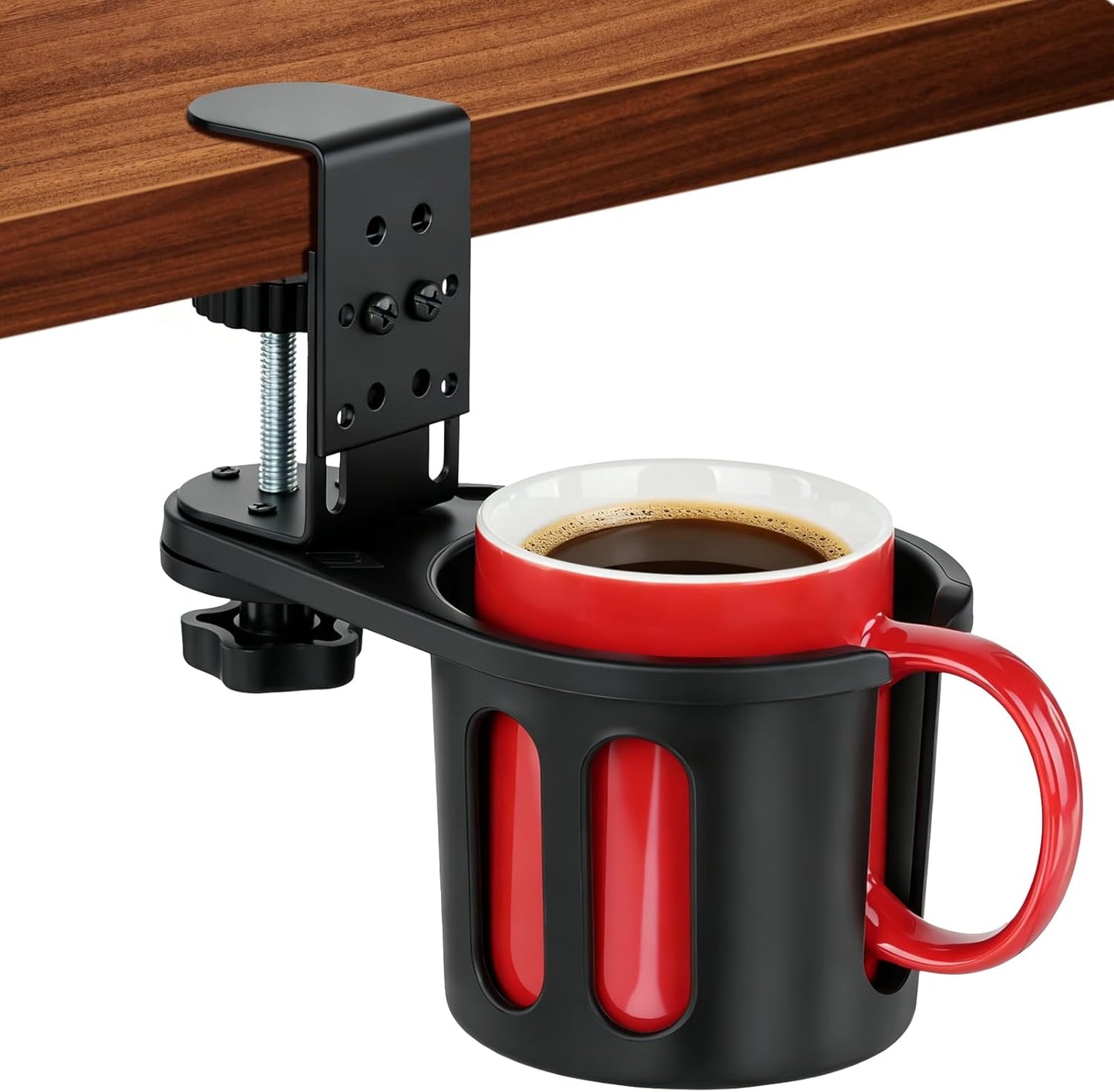 MYITYARD Desk Cup Holder Clamp, Anti-Spill Clip On Table Cup Holder, Rotatable Water Bottle Stand Drink Coffee Mug Storage, Office Accessories for Home and School (Black)