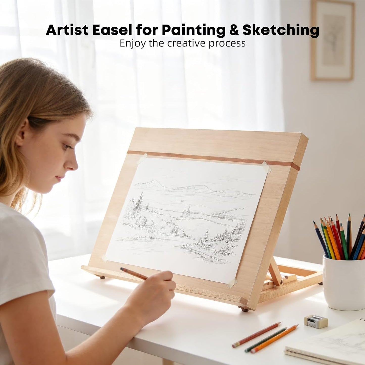 Wooden Tabletop Easel for Painting, Adjustable Table Top Artist Drawing Board for Adults, Students, 5-Position Art Easel Stand 25.6" x 18.9" Drafting Board with A3 Sketch Paper, A2