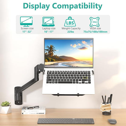 WALI Single Arm Laptop and Monitor Desk Mount for 17" Notebook and Up to 32" Screen, 2-in-1 Adjustable Monitor Arm with Laptop Tray, VESA 75x75 100x100,Holds 22-26.4 lbs, Black (GSMP001NLP)