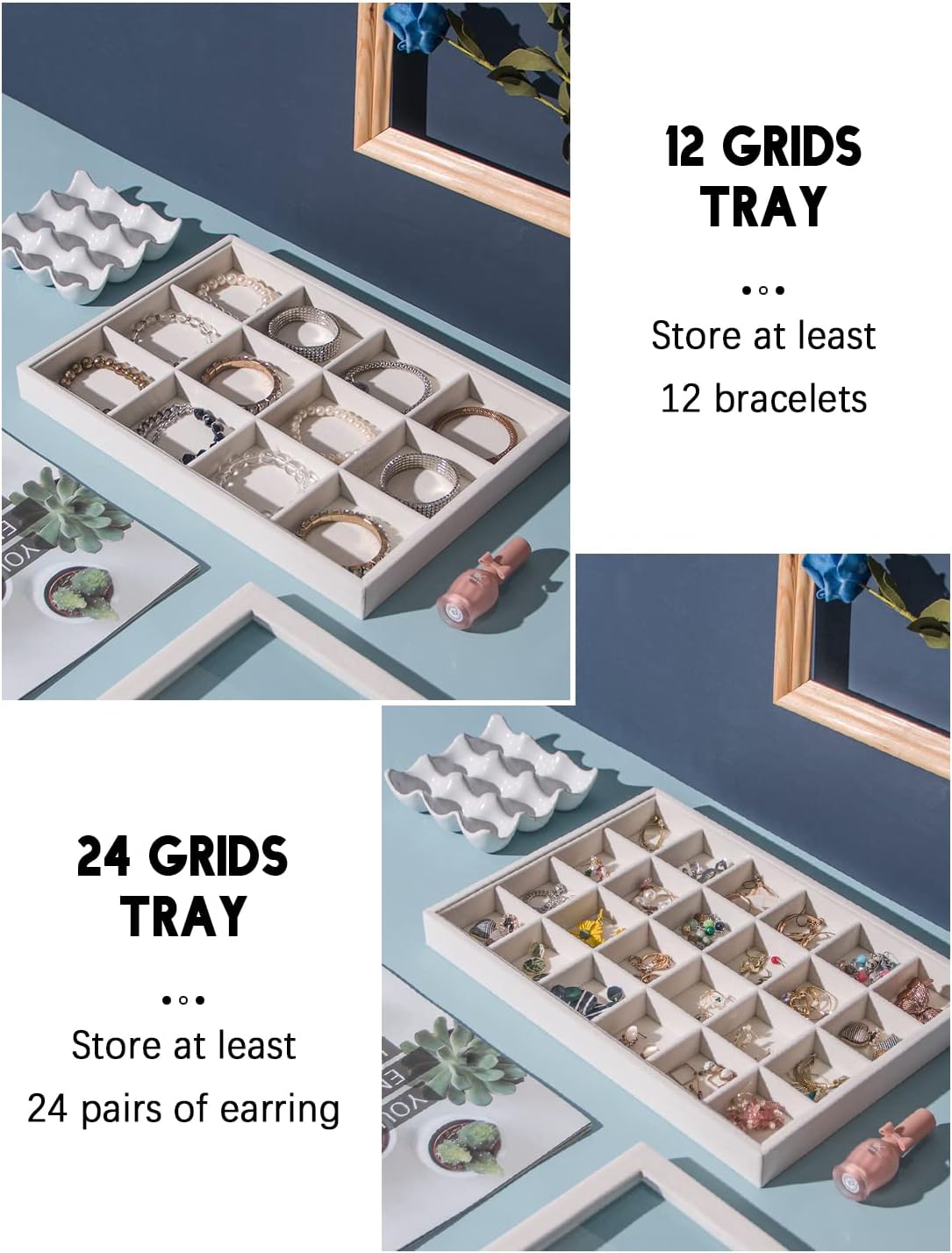 Coward Sunglass Organizer, Beige Velvet Glasses Trays - Eyeglasses Watches Jewelry Display - Men Women (8 Grids)