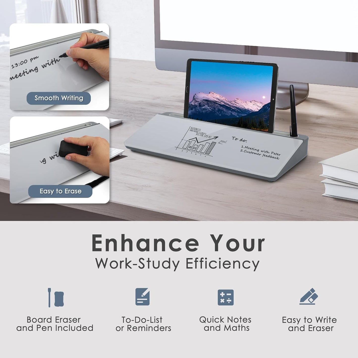 SHANTRA 16'' x 7'' Desktop Whiteboard with Fast Charger Station & Adjustable LED Lamp, Pink Desk Dry Erase Board with Organizer, Computer Pad & Keyboard Stand for Home, School, Office Desk Accessories