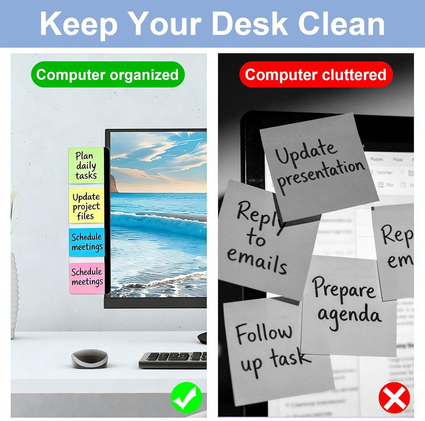 2PCS Computer Monitor Memo Board, 11" x 3.1"Clear Acrylic Office Desk Accessories, Computer Monitor Side Note Holder, Message Board for Sticky Notes, Reminders & Memos