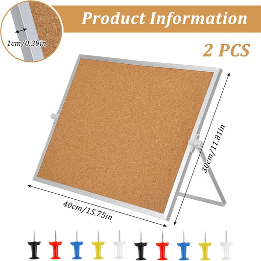 2 Pcs 11.81"×15.74" Cork Bulletin Board, Double Sided Pin with Silver Aluminum Border, Small Desktop Cork Board with Stand for Home, Office, School, Desk Message or Picture
