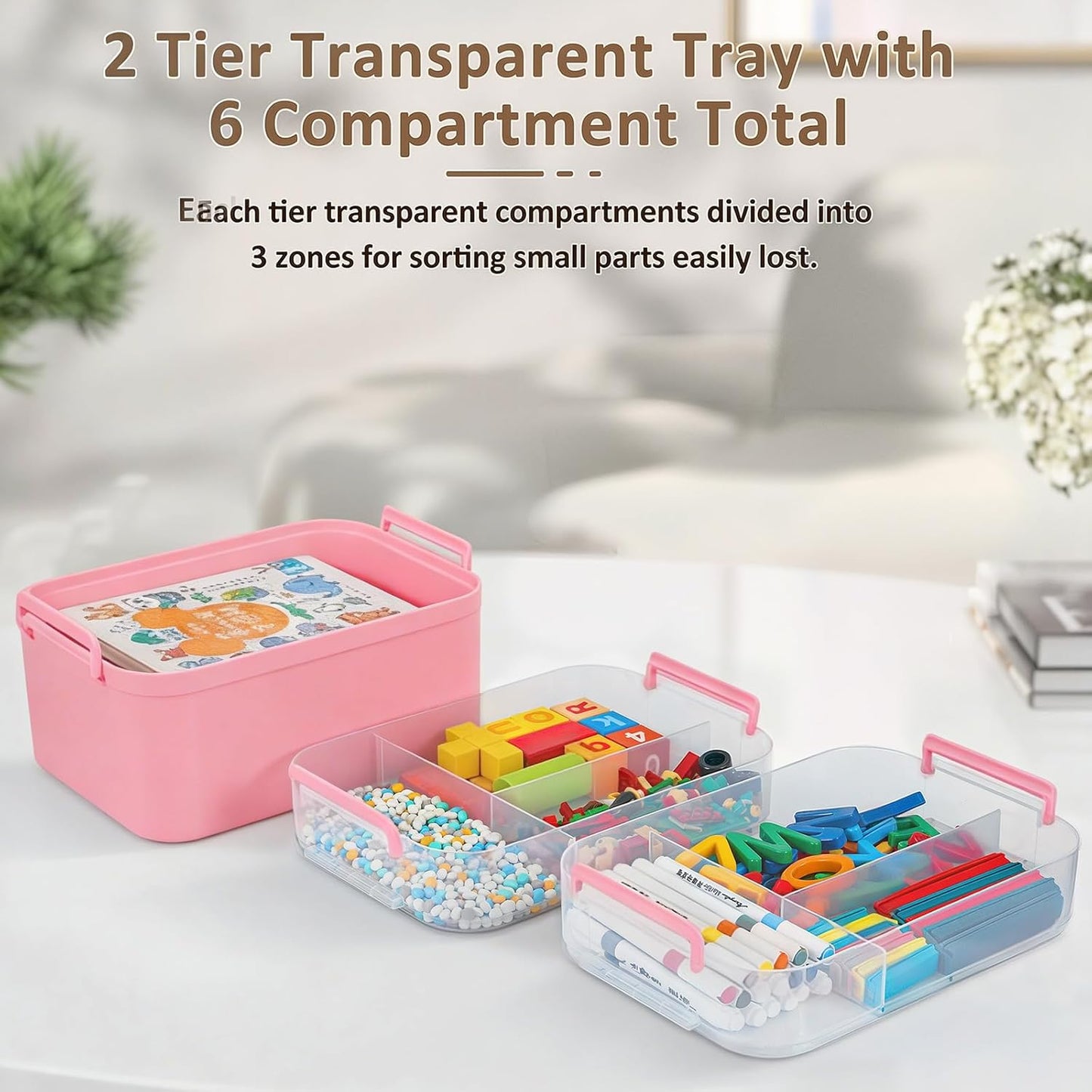 3-Layer Plastic Craft Organizers and Storage Box with Removable Trays, Storage Containers with lids and Handle, Art Supply Storage Organizer for Bead, Ornament, Nail Polish, Tape（10.62"x9"x7.67"）